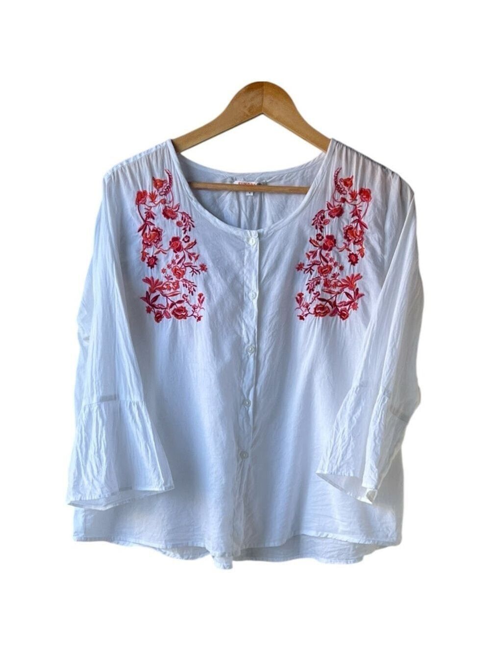 Sundry White Oversized Blouse with Red Floral Embroidery 3/L